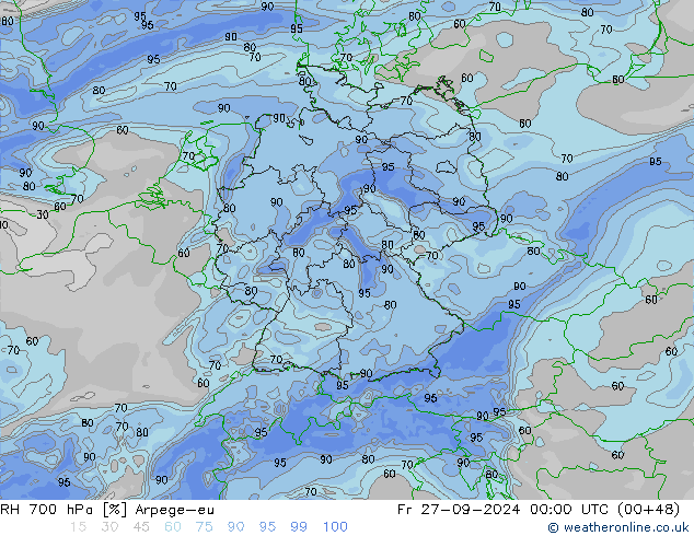 RH 700 гПа Arpege-eu пт 27.09.2024 00 UTC