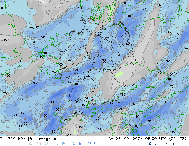 RH 700 hPa Arpege-eu Sa 28.09.2024 06 UTC