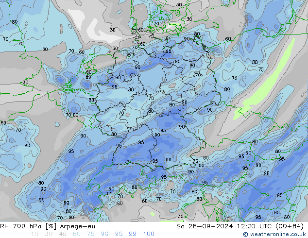 Humidité rel. 700 hPa Arpege-eu sam 28.09.2024 12 UTC