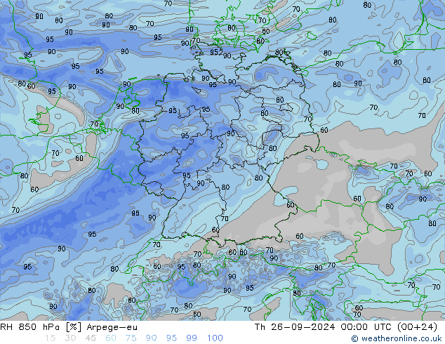 RH 850 гПа Arpege-eu чт 26.09.2024 00 UTC