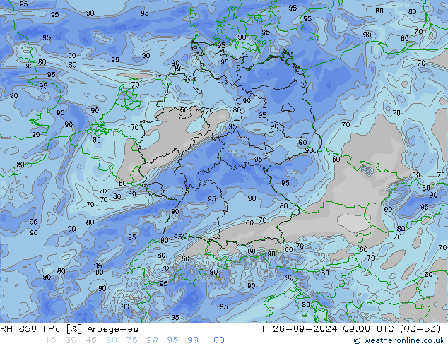 RH 850 hPa Arpege-eu czw. 26.09.2024 09 UTC