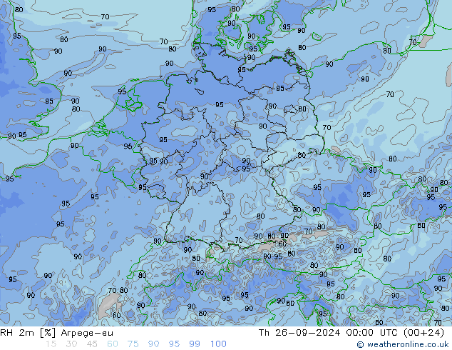 Humidité rel. 2m Arpege-eu jeu 26.09.2024 00 UTC