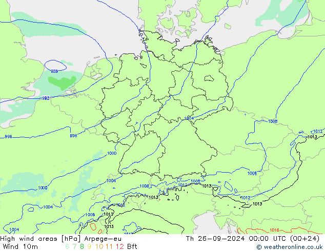 High wind areas Arpege-eu Th 26.09.2024 00 UTC