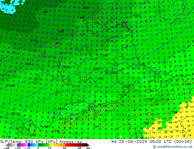 SLP/Temp. 850 hPa Arpege-eu mié 25.09.2024 06 UTC