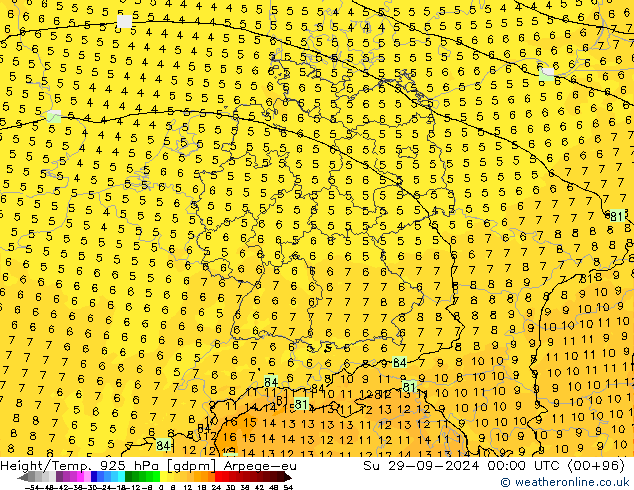 Yükseklik/Sıc. 925 hPa Arpege-eu Paz 29.09.2024 00 UTC