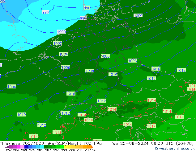 Schichtdicke 700-1000 hPa Arpege-eu Mi 25.09.2024 06 UTC