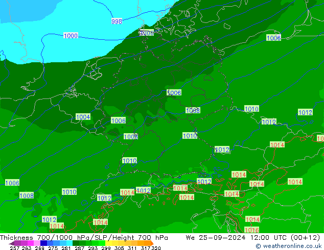 Thck 700-1000 hPa Arpege-eu St 25.09.2024 12 UTC