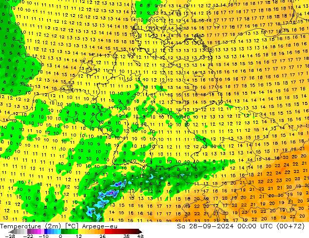 mapa temperatury (2m) Arpege-eu so. 28.09.2024 00 UTC