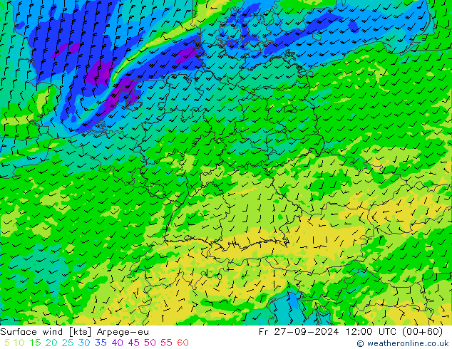 Vento 10 m Arpege-eu Sex 27.09.2024 12 UTC