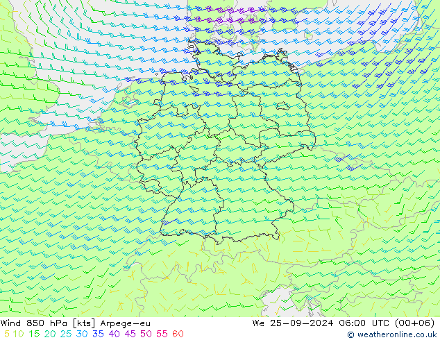 Wind 850 hPa Arpege-eu We 25.09.2024 06 UTC