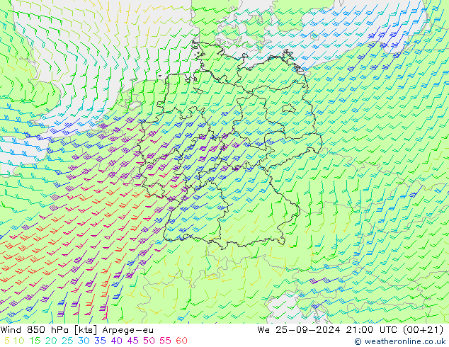 Vento 850 hPa Arpege-eu Qua 25.09.2024 21 UTC