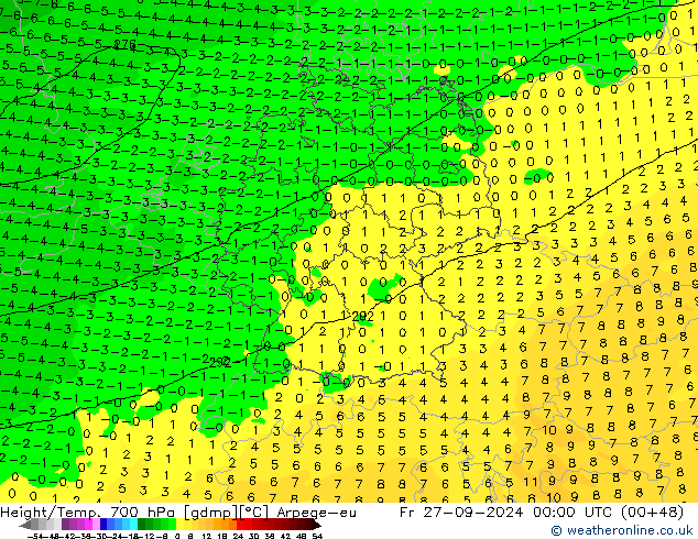 Hoogte/Temp. 700 hPa Arpege-eu vr 27.09.2024 00 UTC