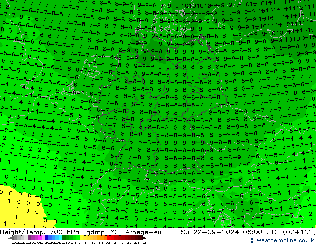 Height/Temp. 700 hPa Arpege-eu nie. 29.09.2024 06 UTC