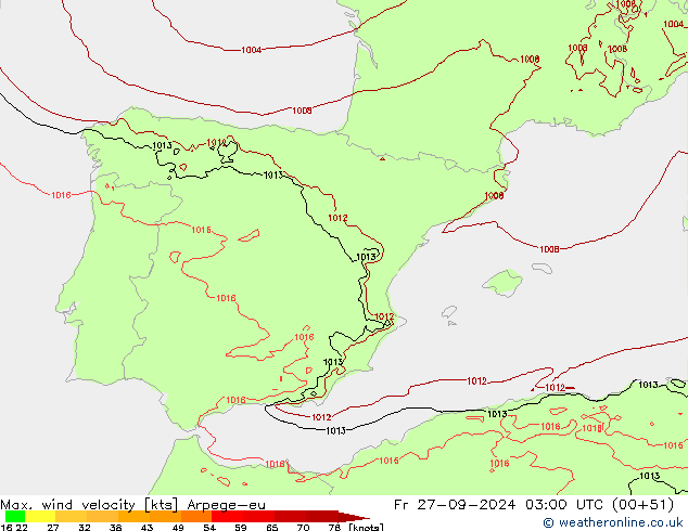 Max. wind velocity Arpege-eu Fr 27.09.2024 03 UTC