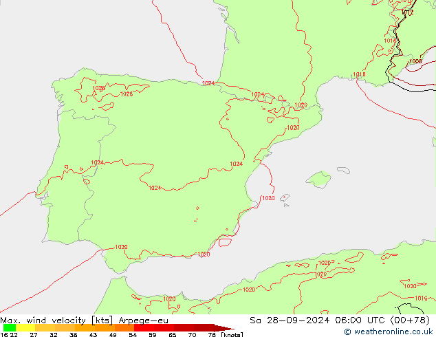 Max. wind velocity Arpege-eu sáb 28.09.2024 06 UTC