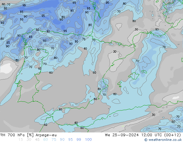 Humedad rel. 700hPa Arpege-eu mié 25.09.2024 12 UTC