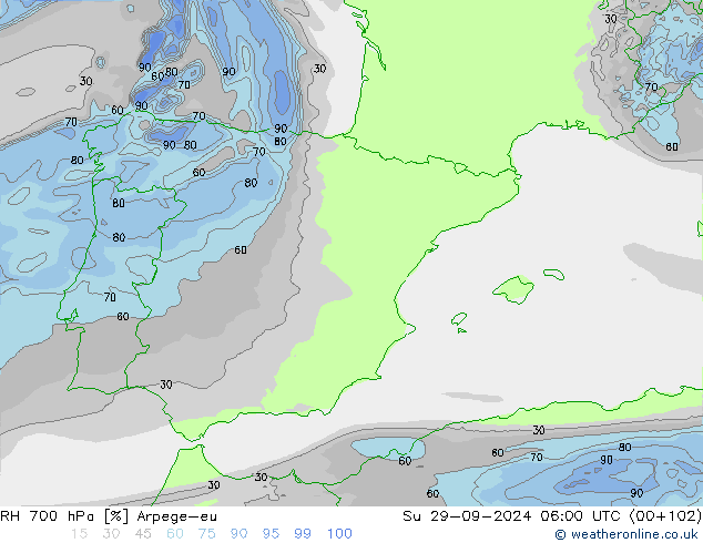 RH 700 hPa Arpege-eu dom 29.09.2024 06 UTC