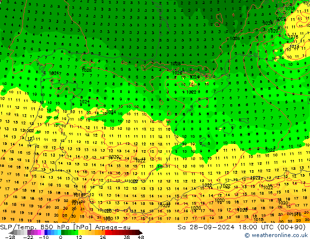 SLP/Temp. 850 hPa Arpege-eu sab 28.09.2024 18 UTC