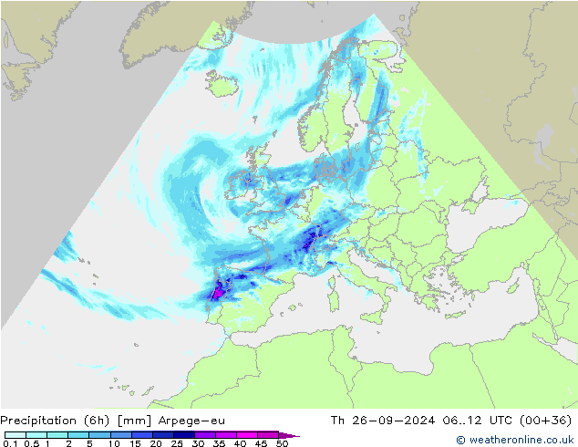 Precipitation (6h) Arpege-eu Čt 26.09.2024 12 UTC