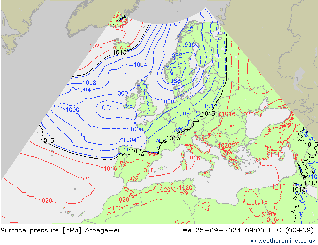 Pressione al suolo Arpege-eu mer 25.09.2024 09 UTC