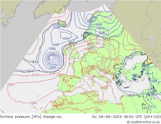 Surface pressure Arpege-eu Su 29.09.2024 06 UTC