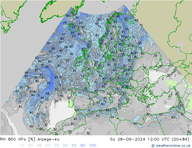 RH 850 hPa Arpege-eu Sa 28.09.2024 12 UTC