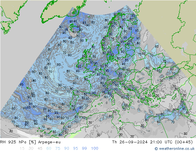 Humidité rel. 925 hPa Arpege-eu jeu 26.09.2024 21 UTC