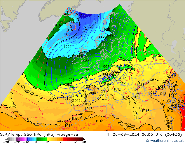 SLP/Temp. 850 hPa Arpege-eu Čt 26.09.2024 06 UTC