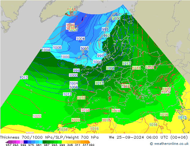 700-1000 hPa Kalınlığı Arpege-eu Çar 25.09.2024 06 UTC