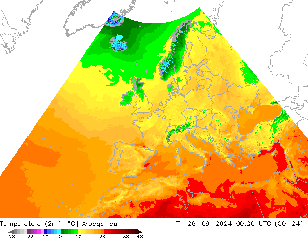 Temperatuurkaart (2m) Arpege-eu do 26.09.2024 00 UTC