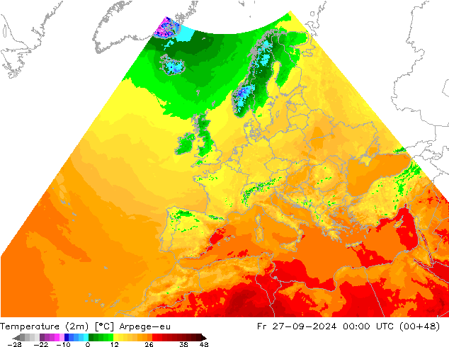 Temperatuurkaart (2m) Arpege-eu vr 27.09.2024 00 UTC