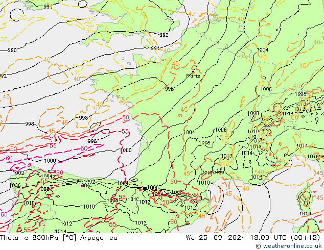 Theta-e 850hPa Arpege-eu mer 25.09.2024 18 UTC