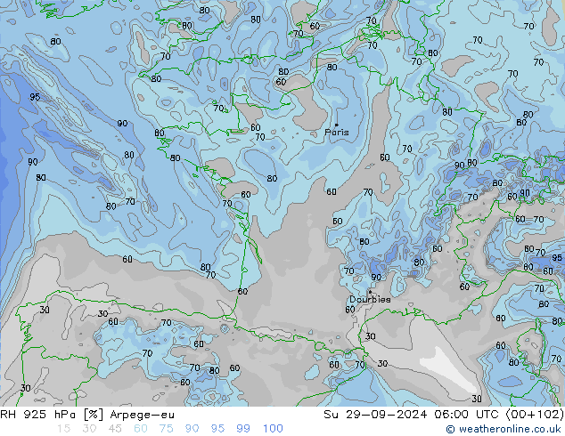 RH 925 hPa Arpege-eu Su 29.09.2024 06 UTC