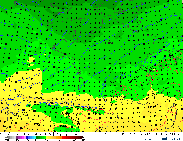 SLP/Temp. 850 hPa Arpege-eu mer 25.09.2024 06 UTC