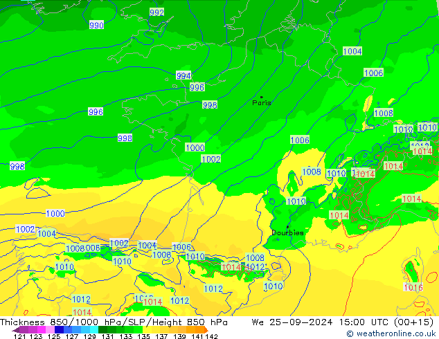 Thck 850-1000 hPa Arpege-eu We 25.09.2024 15 UTC