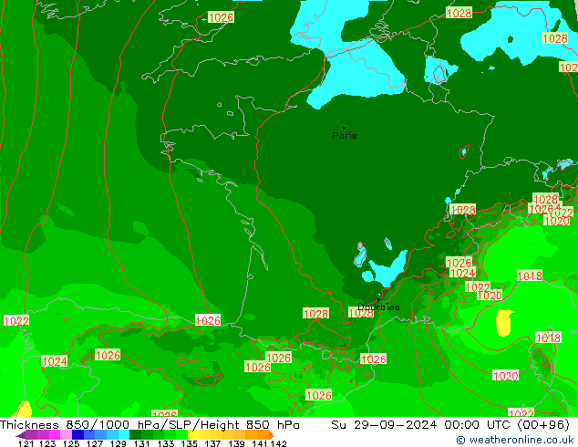 Thck 850-1000 hPa Arpege-eu Ne 29.09.2024 00 UTC