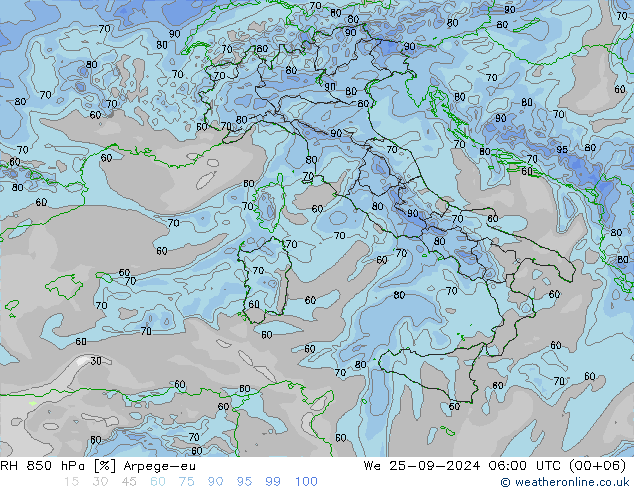 RH 850 гПа Arpege-eu ср 25.09.2024 06 UTC