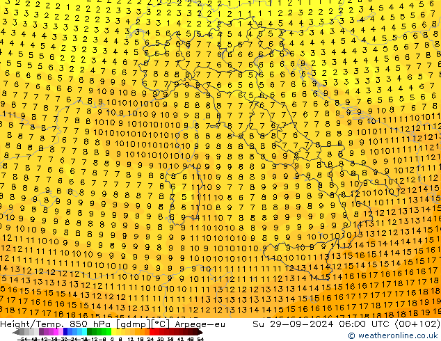 Géop./Temp. 850 hPa Arpege-eu dim 29.09.2024 06 UTC