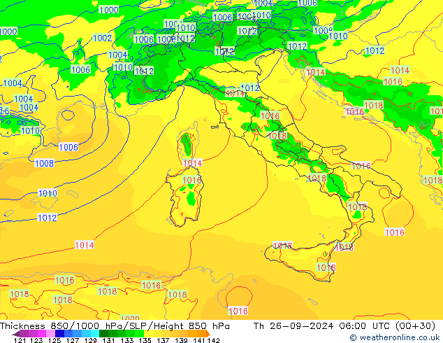 Espesor 850-1000 hPa Arpege-eu jue 26.09.2024 06 UTC