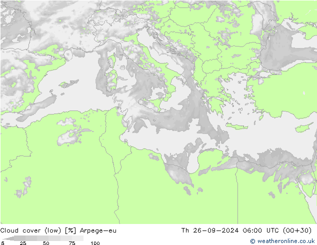 Cloud cover (low) Arpege-eu Th 26.09.2024 06 UTC