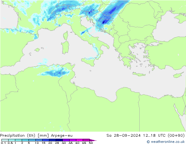 Precipitation (6h) Arpege-eu Sa 28.09.2024 18 UTC