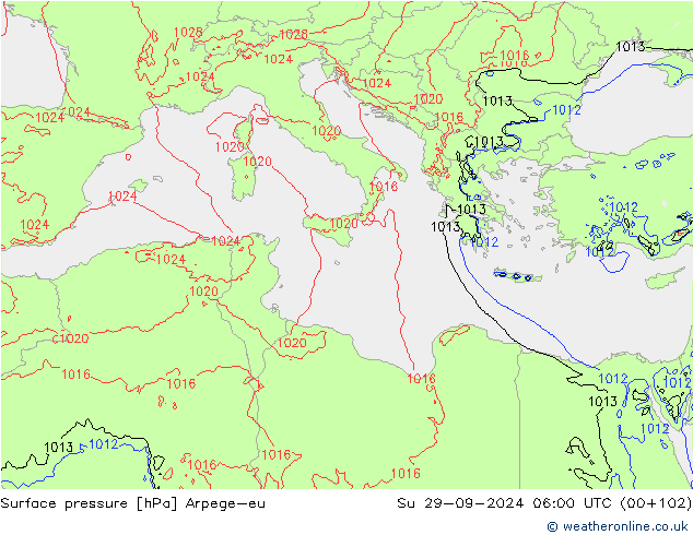 Pressione al suolo Arpege-eu dom 29.09.2024 06 UTC