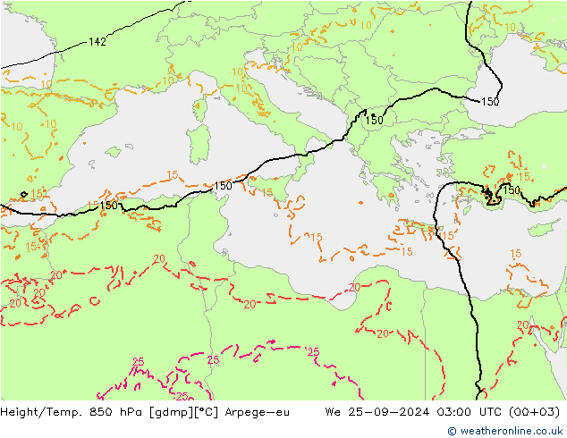 Height/Temp. 850 гПа Arpege-eu ср 25.09.2024 03 UTC