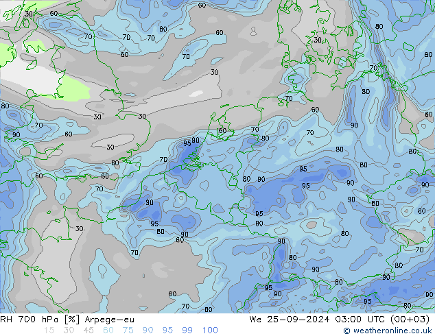 Humidité rel. 700 hPa Arpege-eu mer 25.09.2024 03 UTC