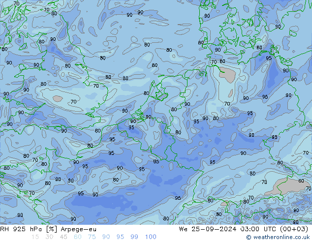 RH 925 hPa Arpege-eu Qua 25.09.2024 03 UTC