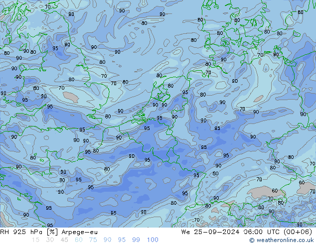 RH 925 hPa Arpege-eu Mi 25.09.2024 06 UTC