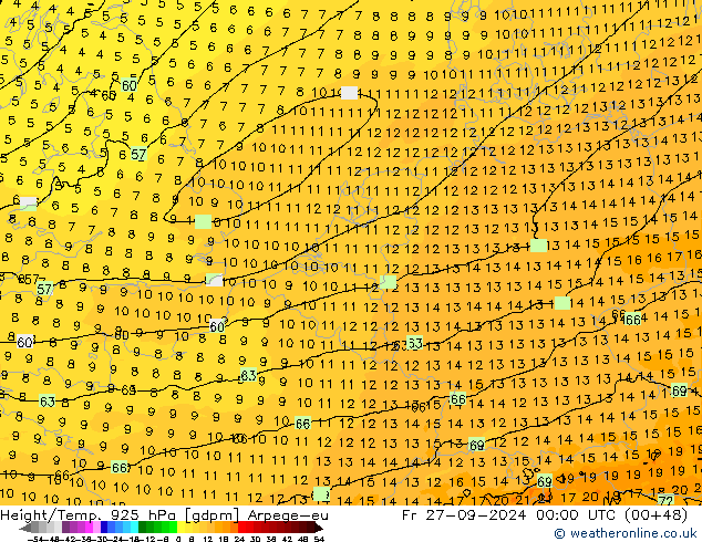 Height/Temp. 925 гПа Arpege-eu пт 27.09.2024 00 UTC