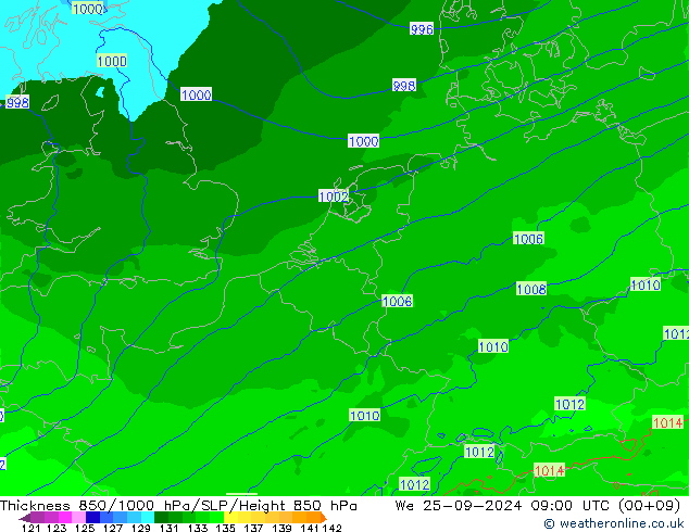 Thck 850-1000 hPa Arpege-eu We 25.09.2024 09 UTC