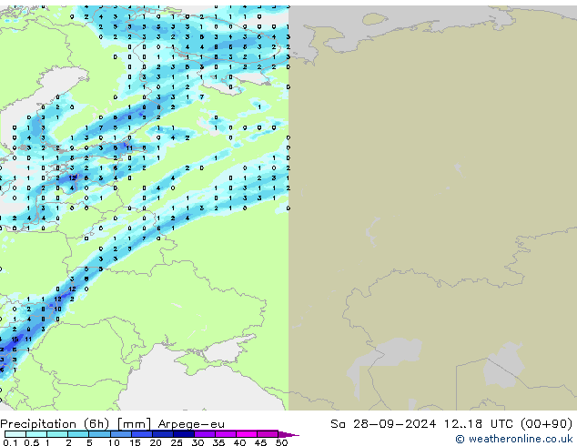 Precipitação (6h) Arpege-eu Sáb 28.09.2024 18 UTC