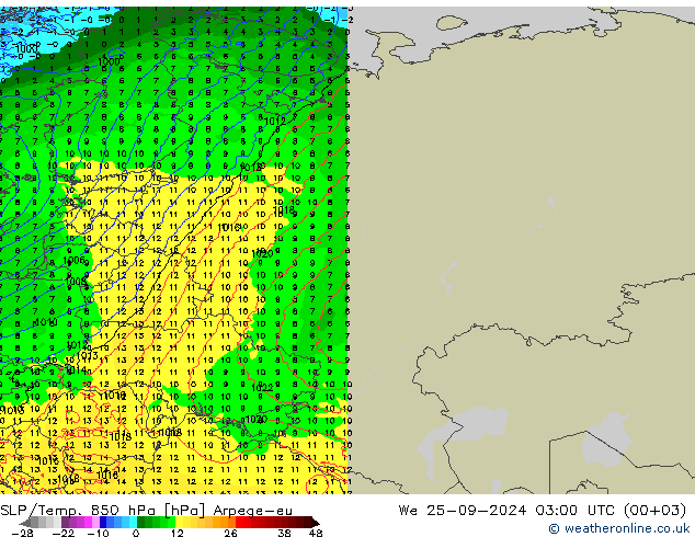 SLP/Temp. 850 hPa Arpege-eu  25.09.2024 03 UTC